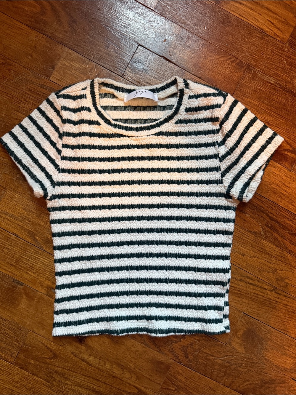 gaze Cream and Dark Green Striped Short Sleeve Knit Tee